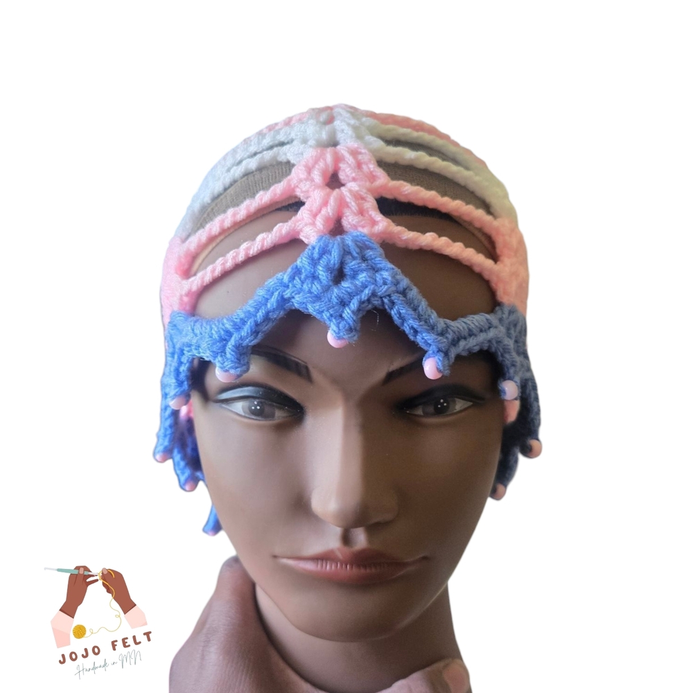 Pride Edition Summer Chain Hat w/Beads, Handmadebyme, One Size, Wht/Blue/Pink